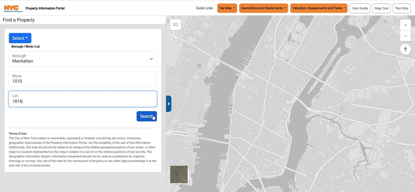 Borough, block, and lot filled in, with the pointer on Search