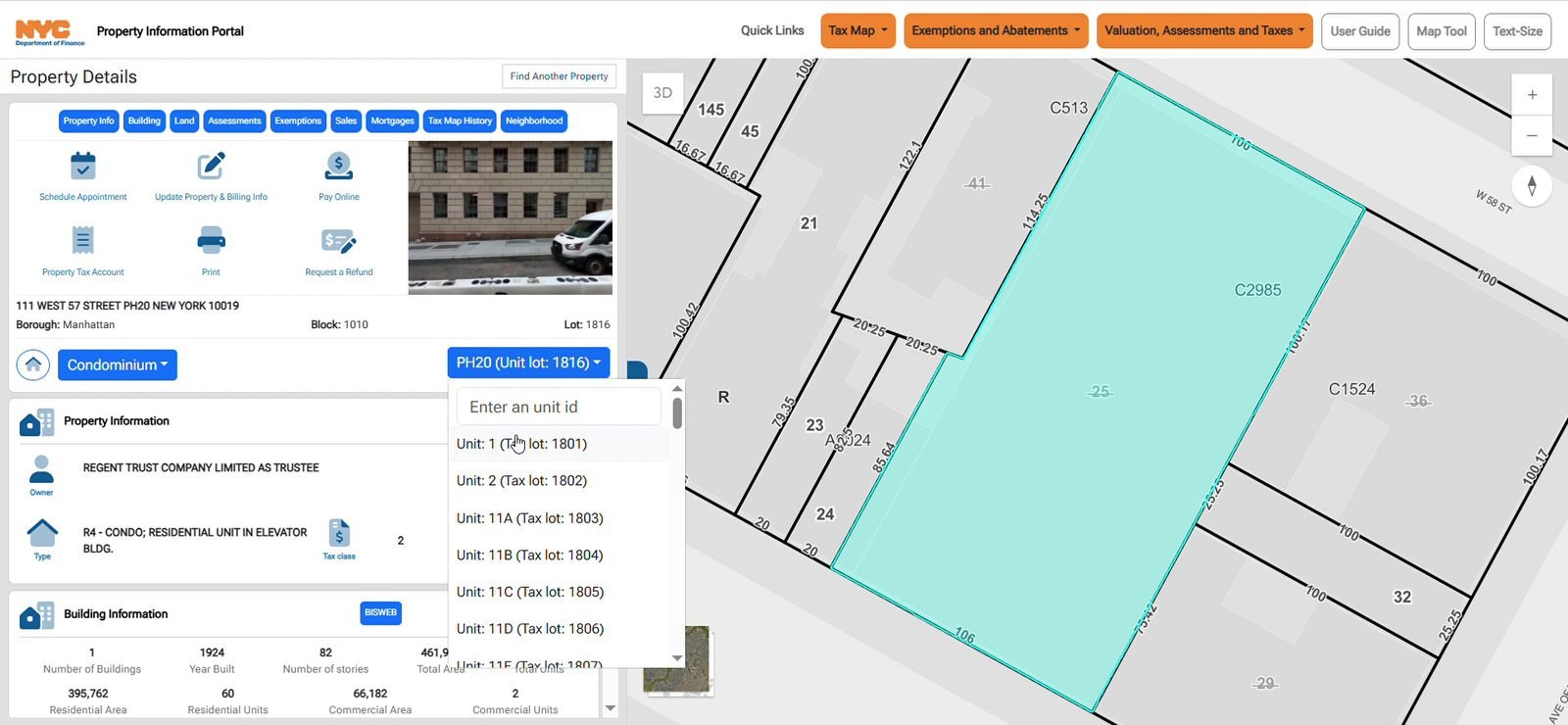 Unit list open on PH20, listing units and their tax lots